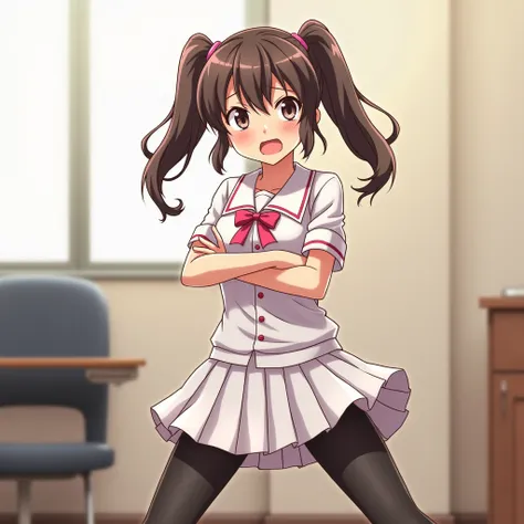  high school uniform 、 white shirt、 big pink ribbon 、 miniskirt、tights、Beautiful Hair、 chair that avoids my chest、 brighten the room lights 、 cross your arms、 angry、 anime style