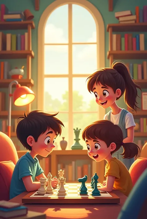 Chess cartoon boy girl library teacher