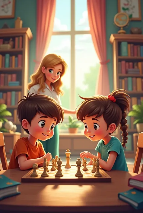 Chess cartoon boy girl library teacher