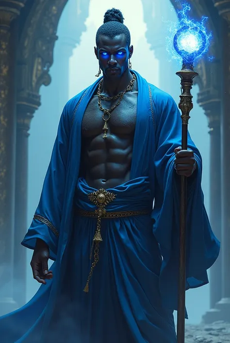 Black God with blue eyes and slanted , Shirtless without tattoo because of kimono and a staff of life