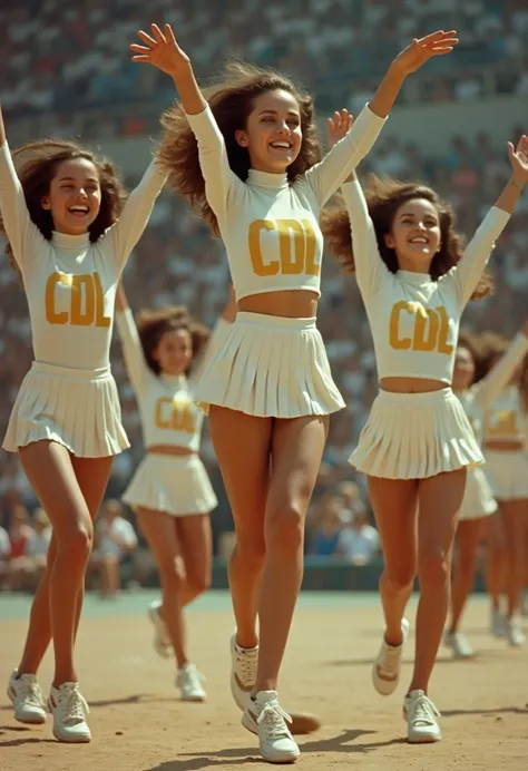 gorgeous 1960s lady cheerleaders in white tight turtlenecks with gold "CDL" lettering, flat saddle shoes and short white pleated skirts, flailing wildly as they tumble through the air 