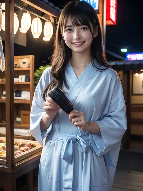 (8k, RAW Photos,Highest quality, High resolution:1.1), (Ultra-realistic:1.4),(Realistic, Realistic:1.3),The Beauty of Japan、1 person、((smile:1.2))，yukata，Touching your hair，hairpin，Drawstring bag，night，Outdoor，Summer festival，Open-air business，Opening a st...