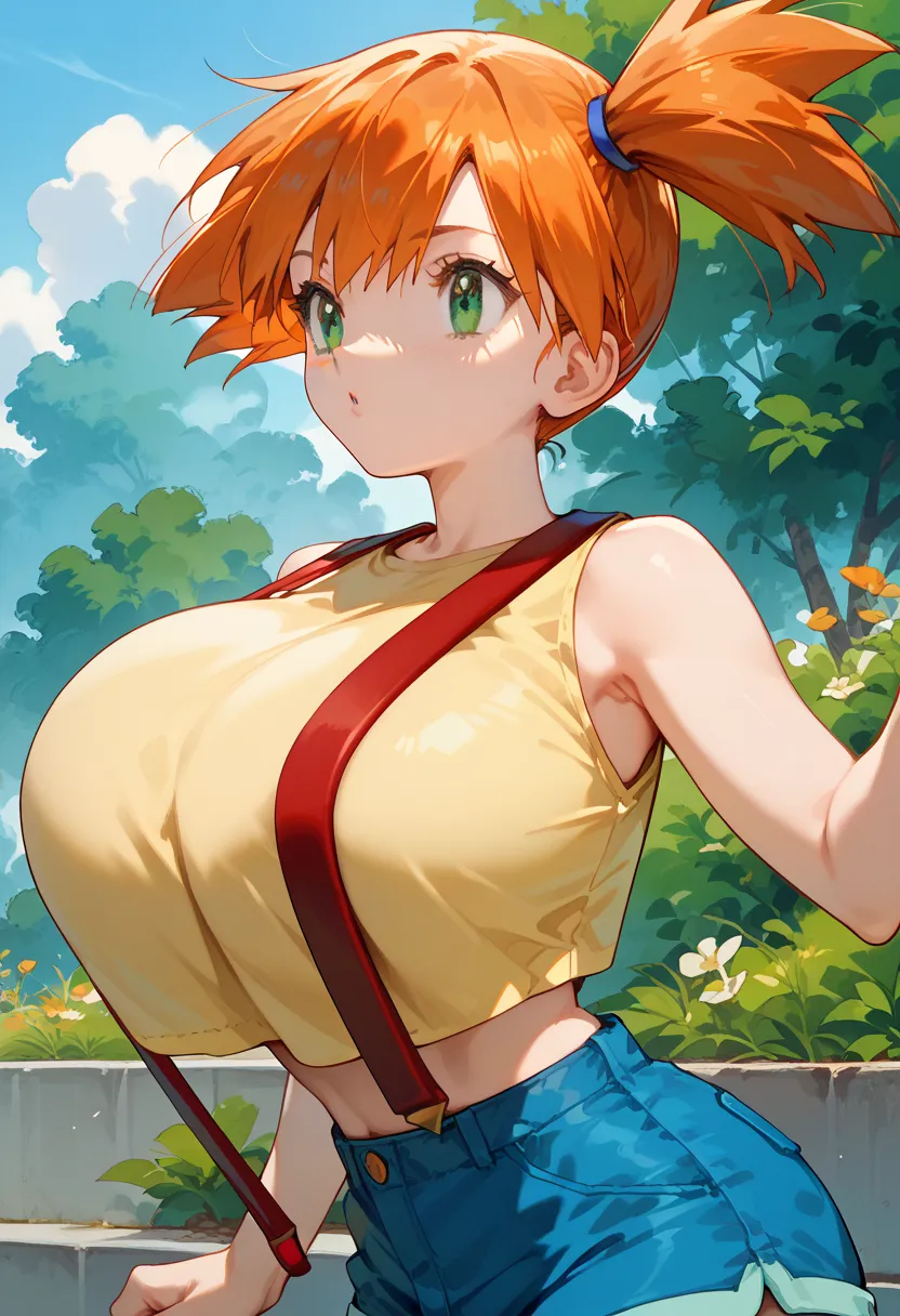 1girl, mit, green eyes, orange hair, bangs, side ponytail, hair tie, short hair, yellow shirt, sleeveless, midriff, red suspende...