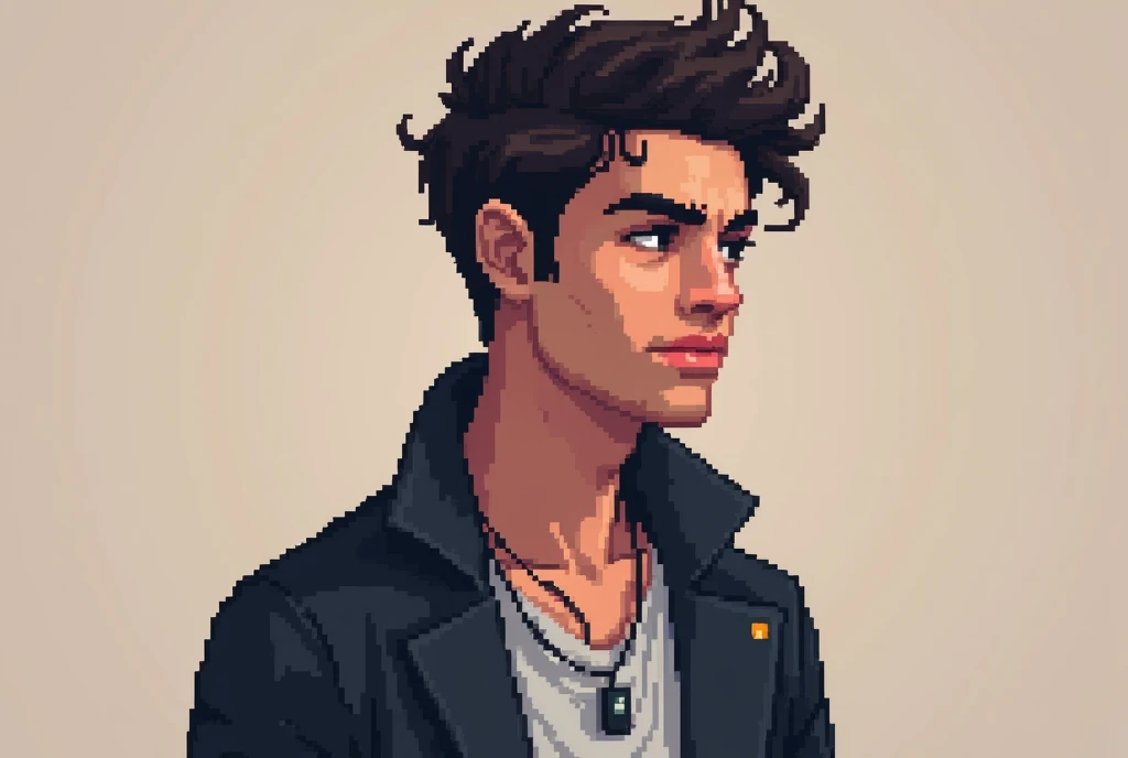 
Create a pixel art avatar of a young 30 years old , modern, and successful Arab male character. The character should be slightly turned to the side, showing a profile view. He should have a slim build and appear confident. The character’s attire should be...