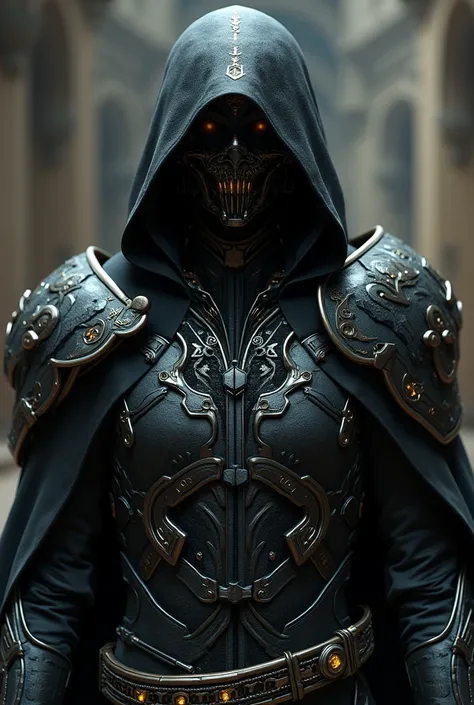 Assassins armor that the armor on the part of the coat rack is mechanical on the gloves are like those of Vladimir the Cosmic Devourer and that on the part of the face he has a hood that the hood has designs like magic and a mask and that the armor is blac...