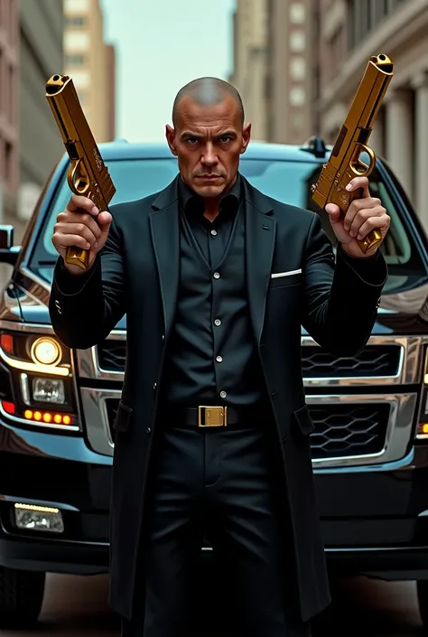 Man with gold Glock and Beretta guns together with a black Tahoe sports car 
