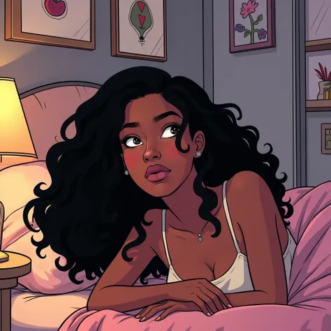  Comic panel in the style of Tales of the Teen Titans ,  depicting a black teenager with long curly hair type 3A . She is lying in her bedroom , transmitting an air of tranquility and introspection .  It wears a small nostril piercing with a delicate diamo...