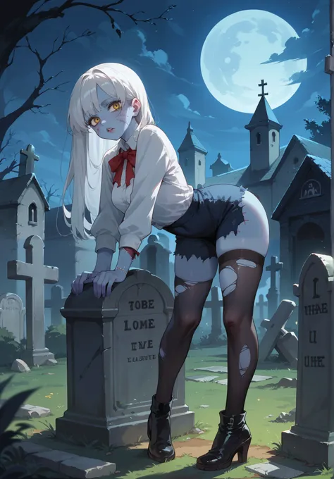 zombie girl, undead, light blue skin, body stitches, white hair, detailed yellow eyes, torn stockings, torn up clothes, red ribbons, standing next to a gravestone, bent over, cemetery, night time, beautiful movie quality lighting,