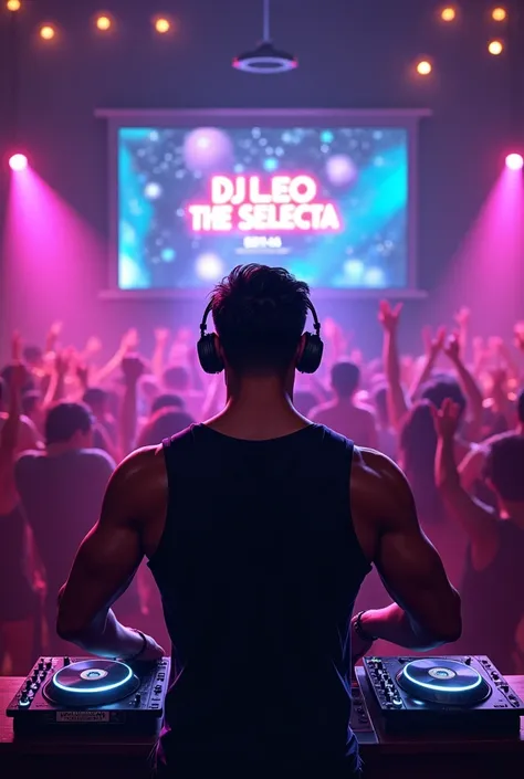 DJ at a party with a lot of people,  must bring the word DJ Leo the Selecta Buena Nota on a living room screen,  must be facing the camera , With headphones black hair , Short hair styled low , muscular build