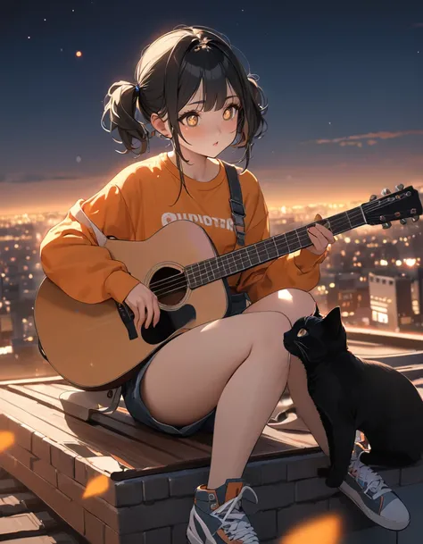 (8K, best quality, master piece: 1.2),super high resolution,best quality,1girl,16yo,solo,ultra-detailed face,detailed eyes,brown eyes,(flower-shaped pupils:1.3),very short twintails,arched bangs,black hair,mascara,Long sleeve Orange T-shirt,long overalls,h...