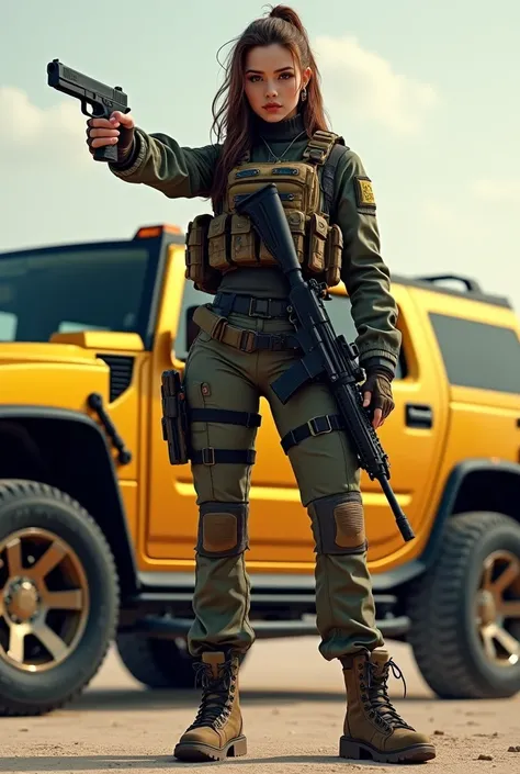 Girl with Glock and M16 weapons together with a gold Hummer car