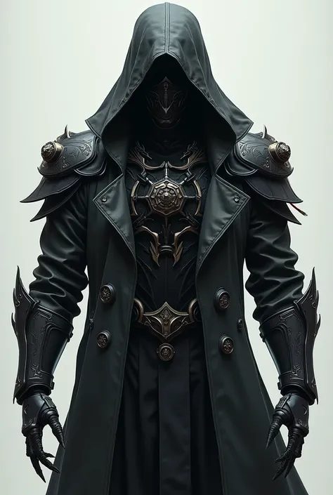 Assassins armor that the armor on the part of the coat rack is mechanical like those in anime and on the gloves are like sharp and technological nails and that on the part of the face it has a hood that the hood has designs like magic and a mask and that t...