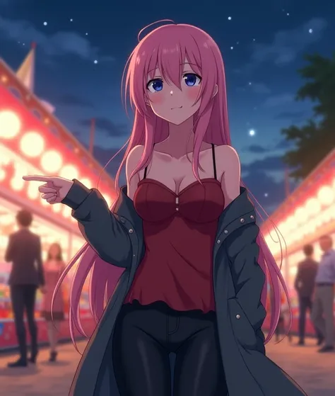  An 18-year-old anime lady , anime To love ru,  soft lighting ,  standing at a fair in a beautiful neighborhood ,  There are people at the fair on a night with few stars in the sky,  measures 1 , 70 cm in height and her measurements : B 68 ,  W 35 ,  H 74 ...