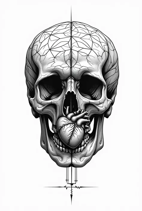 A skull in lines with a real heart where the brain goes 
(Lines and black ink)


