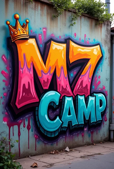 I want an image with the phrase M7 camp ,  the image must be in the style of wall graffiti and must contain a crown in the M of the word 