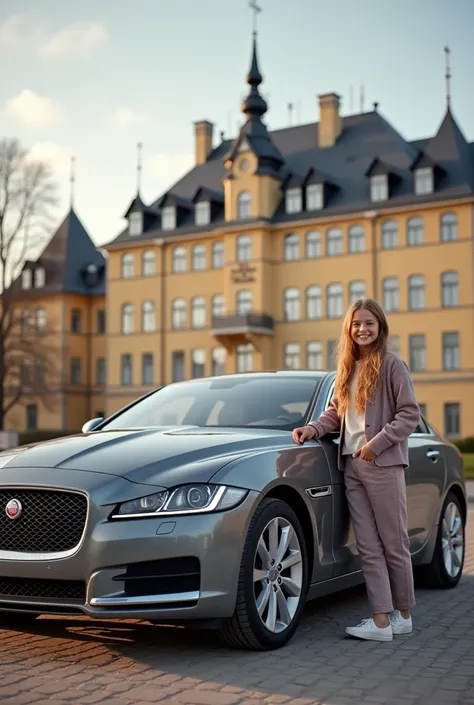 Grey family car in front of hotelli torni in Tampere finland with lovely girl posing next to car