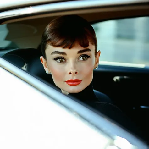 Audrey Hepburn is a car. The car is photographed at a dramatic angle in bright natural light.