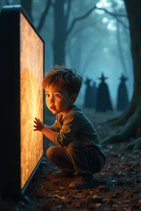   boy hiding behind a screen, Hidden from a group of witches 