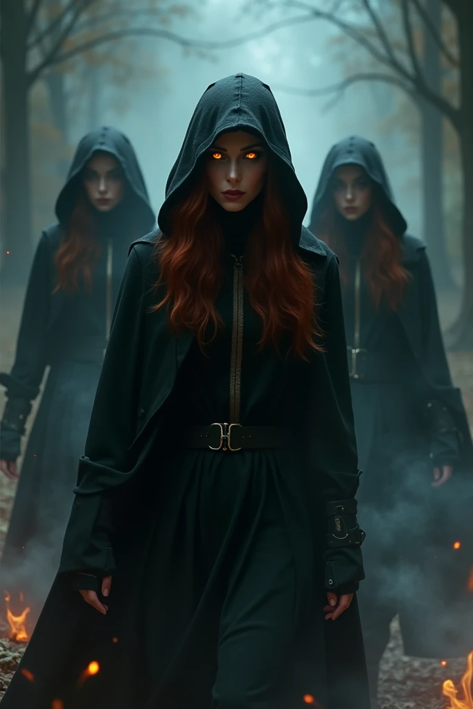  female assassins , mysterious, gloomy place ,Hood ,  dark red hair and eyes,whisper, Fire,magischer Fireschein,  with lettering with  ,,The Whispering Assassins,, 