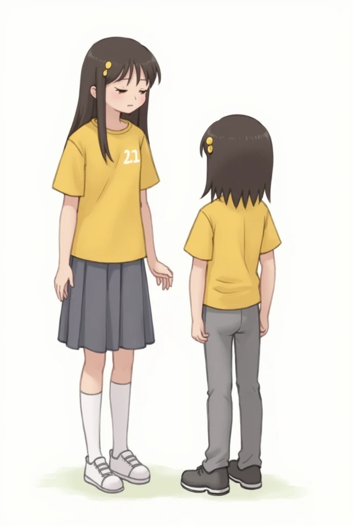 Best Quality: 1.0), (super high resolution: 1.0), (masterpiece, Best Quality:1.2), A school girl, about , with a yellow short-sleeved shirt and gray skirt and white tennis shoes, and a boy with the same shirt as the girl but with gray pants, are in a softp...