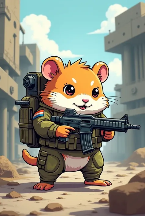  cute illustration hamster combat, with machine weapon, Missile pod , grenade launcher, heavy backpack