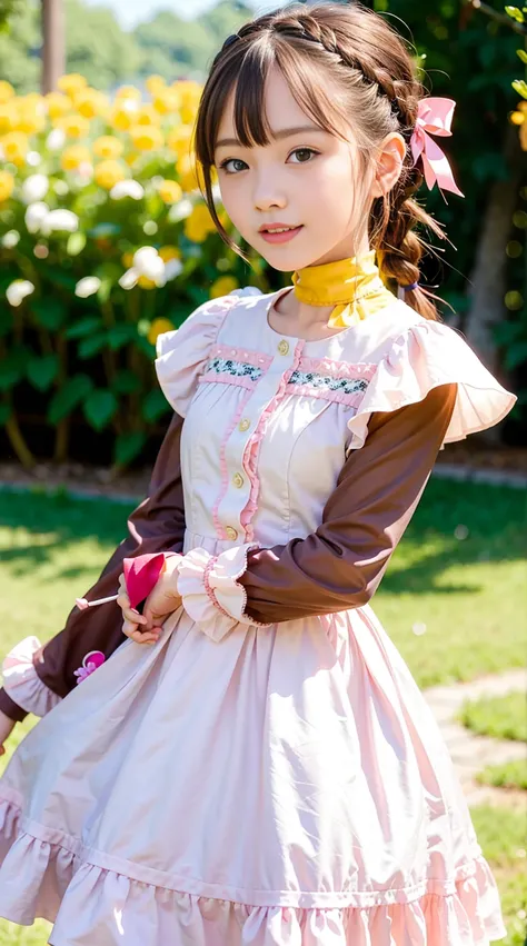 (ultra-detailliert), Cute princess dress in pink color,(frilly dress),(shortsleeves),Blue eyes,The upper part of the body、a closeup、faces、(A smile:1.1),(facing front:1.2), 20yr old, teens girl,no tail,(no tail),2D, ​masterpiece, top-quality, A detailed eye...