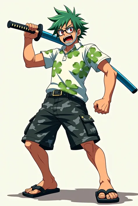 Anime male , Missy short hair green color ,white polo with green flowers,have red eyes,gray small beard ,wearing flipflop, black short gray camo, eye glasses,with one blue handle katana,rage mode 