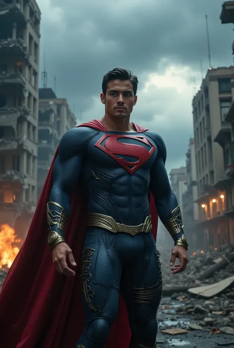 Nicholas Alexander Chavez, a young handsome man with chiseled features, piercing blue eyes, short dark hair, muscular physique, wearing a torn and tattered blue and red superhero costume, Superman standing in a destroyed urban landscape, rubble and debris ...