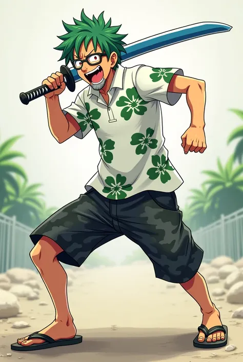 Anime male , Missy short hair green color ,white polo with green flowers,have red eyes,gray small beard ,wearing flipflop, black short gray camo, eye glasses,with one blue handle katana,rage mode 