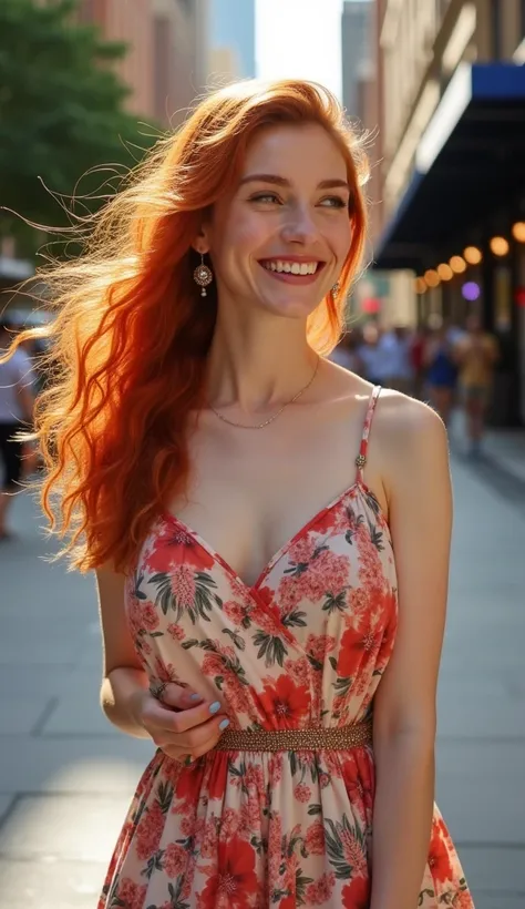 A beautul intense color redhead in a floral summer dress, happy, new york