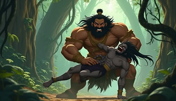 Depict an animated scene of Bali grabbing Ravana with one arm, effortlessly holding him in a tight grip. Ravana struggles in surprise and anger. The setting should be a dense jungle with an ancient, vintage atmosphere, highlighting Balis unmatched strength...