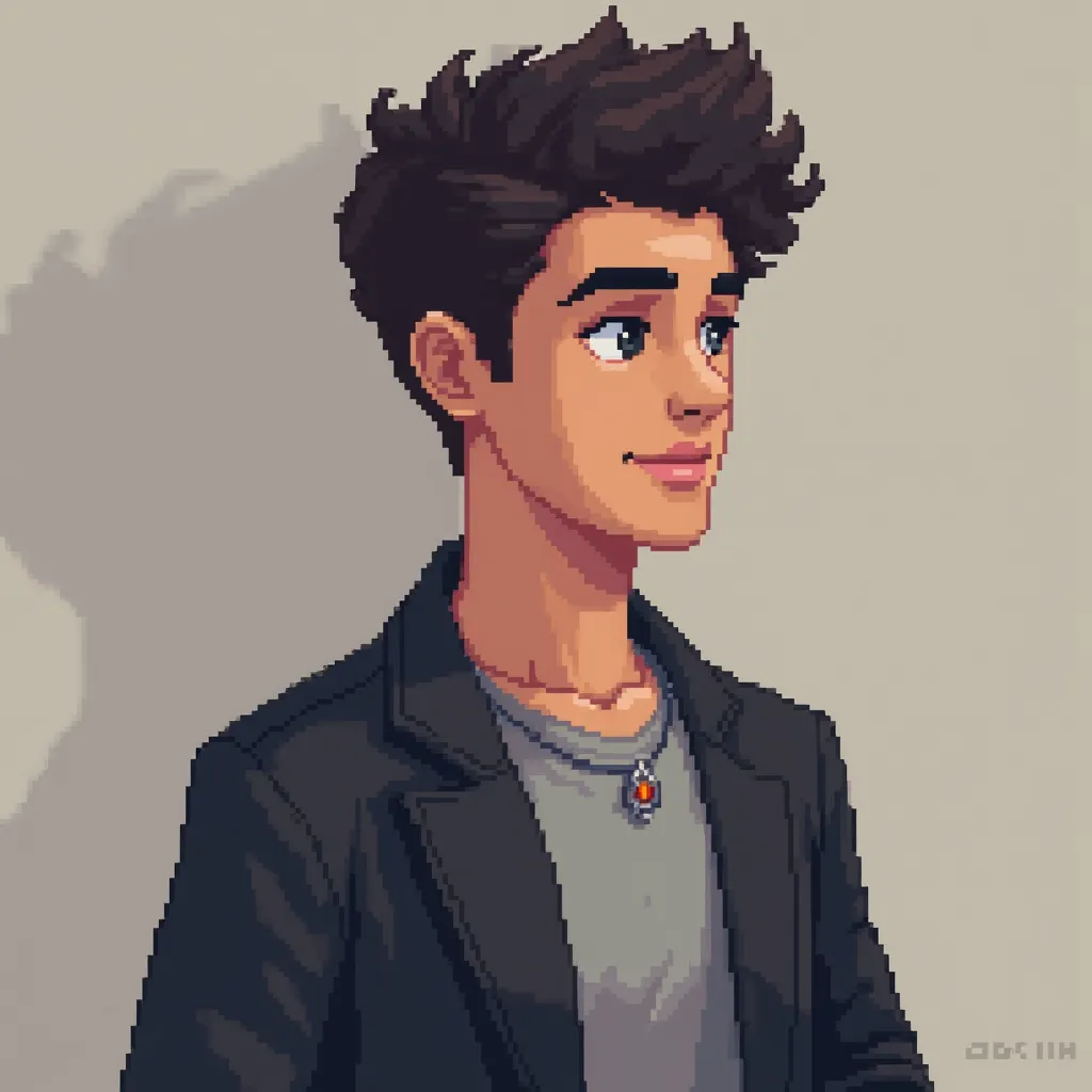 
Create a pixel art avatar of a young 30 years old , modern, and successful Arab male character. The character should be slightly turned to the side, showing a profile view. He should have a slim build and appear confident. The character’s attire should be...