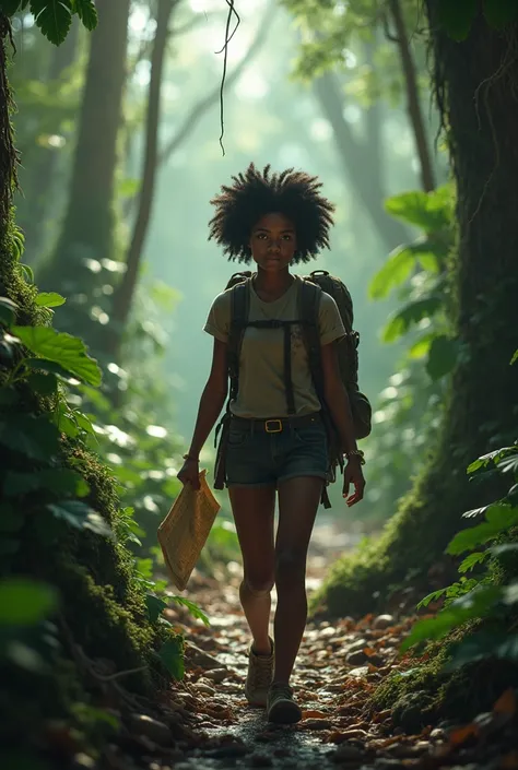 generate an image according to the following text using Afro-descendant characters. " The next morning ,  with a backpack full of supplies and the map in hand,  Joaquina set out on her adventure .  The forest was dense and full of unknown sounds , but she ...