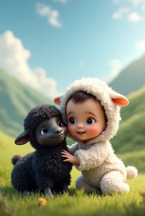 Baby in black sheep costume kneeling next to a black sheep