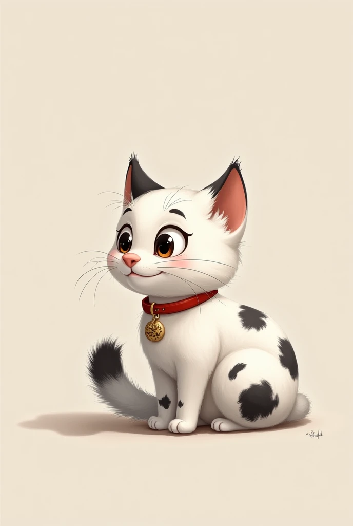  Create a white cat with black spots  ,Who has a hairy tail and wears a red collar