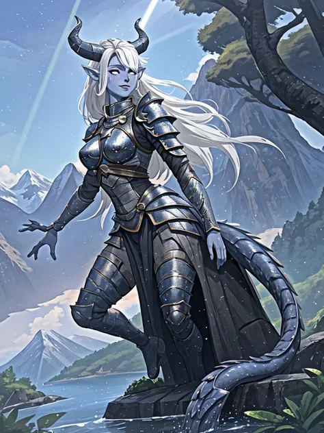 [1Tiefling , dark-sero-blue skin],  dynamic pose , 1girl  ,  ulybka, chainmail, light grey-black armor,  Protection on a thick blue tail,   closed mouth ,  long, thick dragon tail,  grey-blue horns , light particles, Rays of light,    Long hair ,  pointy e...