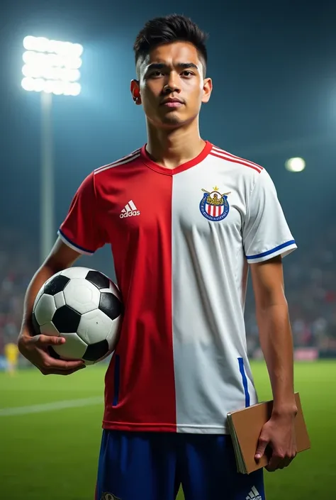 20-year-old Peruvian / Latino man standing confidently with a soccer ball in one hand and a notebook in the other.  The teenager wears a sports shirt and the background is divided into two halves :  one side shows the young man on a sports field with brigh...