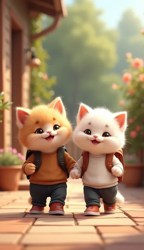 On the terrace of the house, two characters, a cute and adorable light brown fur kitten with a brown shirt, black pants, brown shoes, and a backpack on his back are walking with a cute white kitten, very cute wearing a white t-shirt, black pants, shoes red...