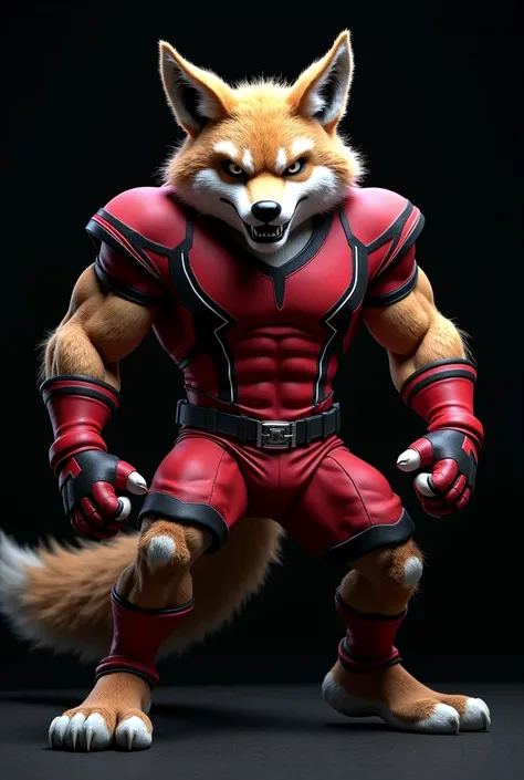 Organized crowd mascot ,  muscular coyote in red and black full body in attack position with a war gaze fights only him black background