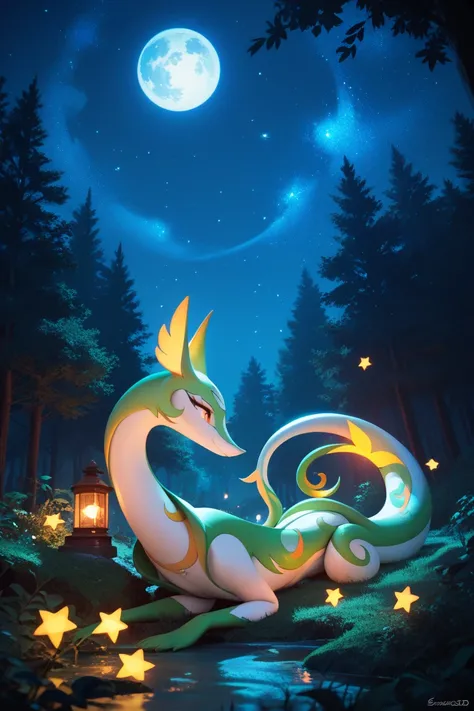 Serperior,, in a small clearing in the forest,Night,big moon,the moon is shining brightly,bright stars in the sky, northern lights,4K