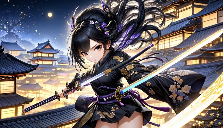  Featured Paintings ,  best quality, Super Fine, 16k,  unbelievably absurd ,  very detailed, delicate,  flashy and dynamic depiction , Beautiful female ninja, Edo on a , Moonlit Night, Black Costume,  black hair, ( background roof with a short sword:1.3)