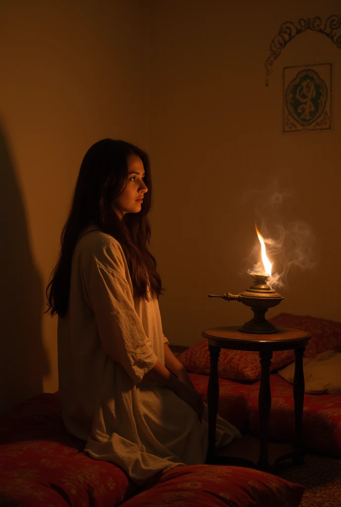 A simple Arab room ,  with warm colored carpets and cushions on the floor .  On a low table ,  a beautiful young woman with Arab features , With dark and long hair,  dressed in a traditional tunic ,  observes fascinated how an old lamp lights up .  A faint...