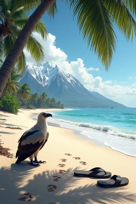 Create a deserted beach in the background a snowy mountain ,  in the foreground on the right in a pair of coconut trees under it a vulture parked ,  in the focus of the image two pairs of flip flops embedded in the sand one in front of the other being larg...