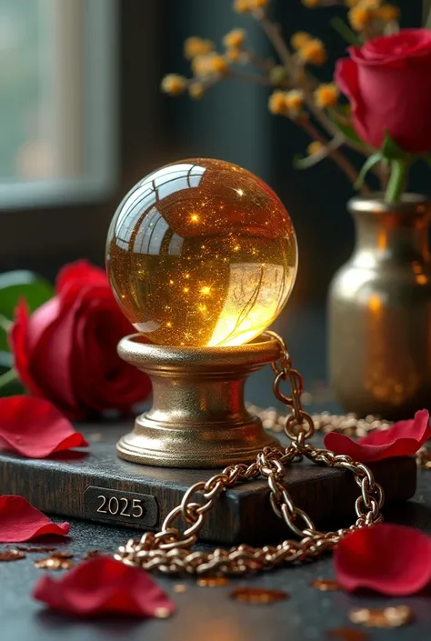 Limage contient le numéro 2025, une boule de cristal tridimensionnelle de couleur dorée, placée sur une table en bois sombre, à côté se trouve une chaîne en argent avec le nom Amine au milieu, et des feuilles de rose rouge et des moisissures marines sont r...