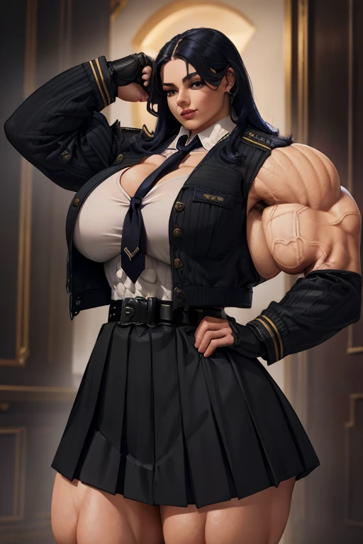 ((Close-up)), tall, (royal blue hair), beautiful muscular woman, long curly wavy hair, white skinned, (huge breast), closed smile, black lipstick, (massive muscles), (hyper muscle), (((ginormous bulky muscles))), white eyes, (((((wearing dark military_unif...