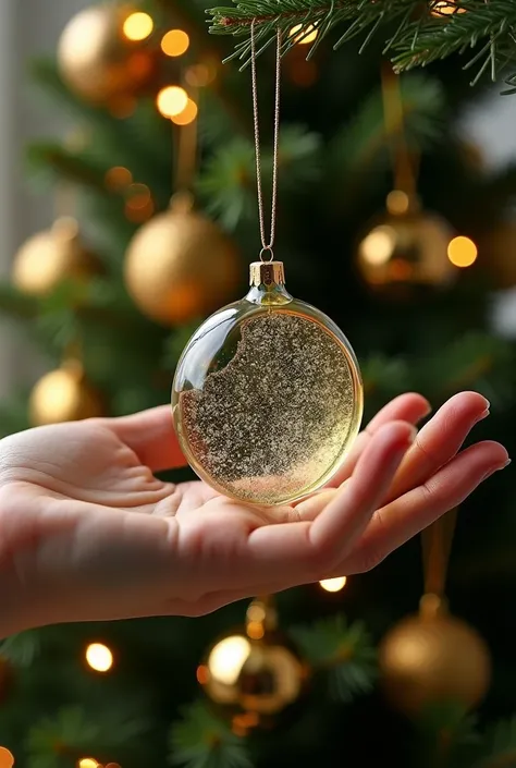 Christmas tree and hand showing 
 round flat but not cylindrical plate made of acrylic ornament type hanging from gold thread 