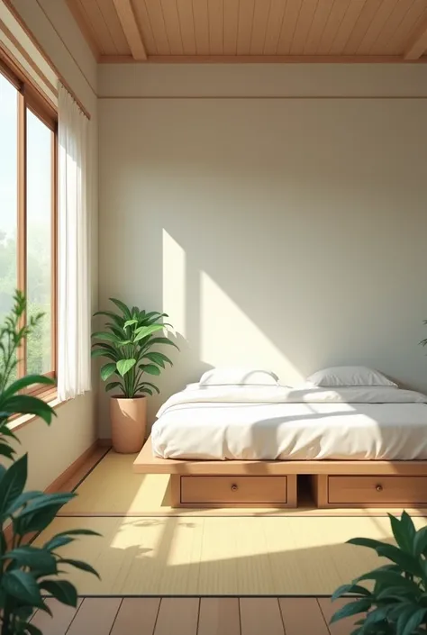 "Chambre de style minimaliste japonais avec lit bas, boîtes de rangement en bois clair sous le lit, et tatamis au sol. Décoration simple avec des plantes vertes et un éclairage naturel, ambiance zen et épurée."