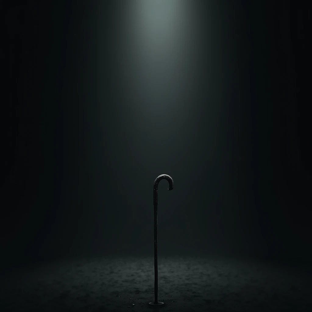 A black background,  with a bright light in the background, And a blind mans cane on the floor

