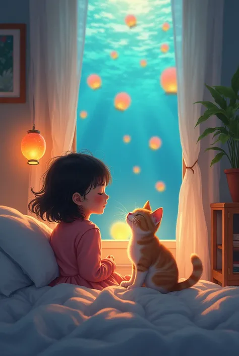  The girl dreams with her cat in her warm room with their eyes closed and smiling. A big soft fog over their heads ,  in the fog is a girl and a cat playing in the beautiful blue sea ,  Many colorful lanterns with cute shapes are floating in the sea 