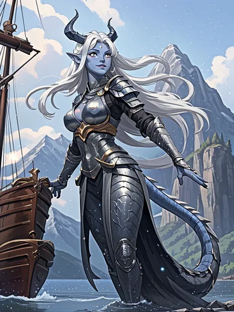 [1Tiefling , dark-sero-blue skin],  dynamic pose , 1girl  ,  ulybka, chainmail, light grey-black armor,  Protection on a thick blue tail,   closed mouth ,  long, thick dragon tail,  grey-blue horns , light particles, Rays of light,    Long hair ,  pointy e...